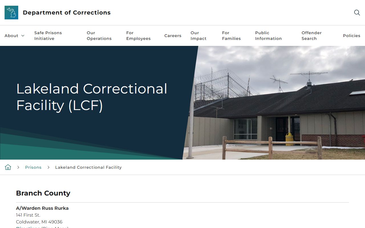 Lakeland Correctional Facility inmate population and MDOC facility page
